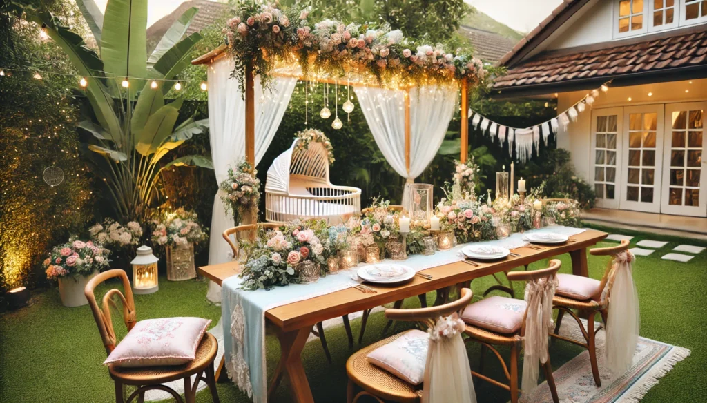 Dekorasi acara aqiqah outdoor memanfaatkan taman rumah. Sumber: AI